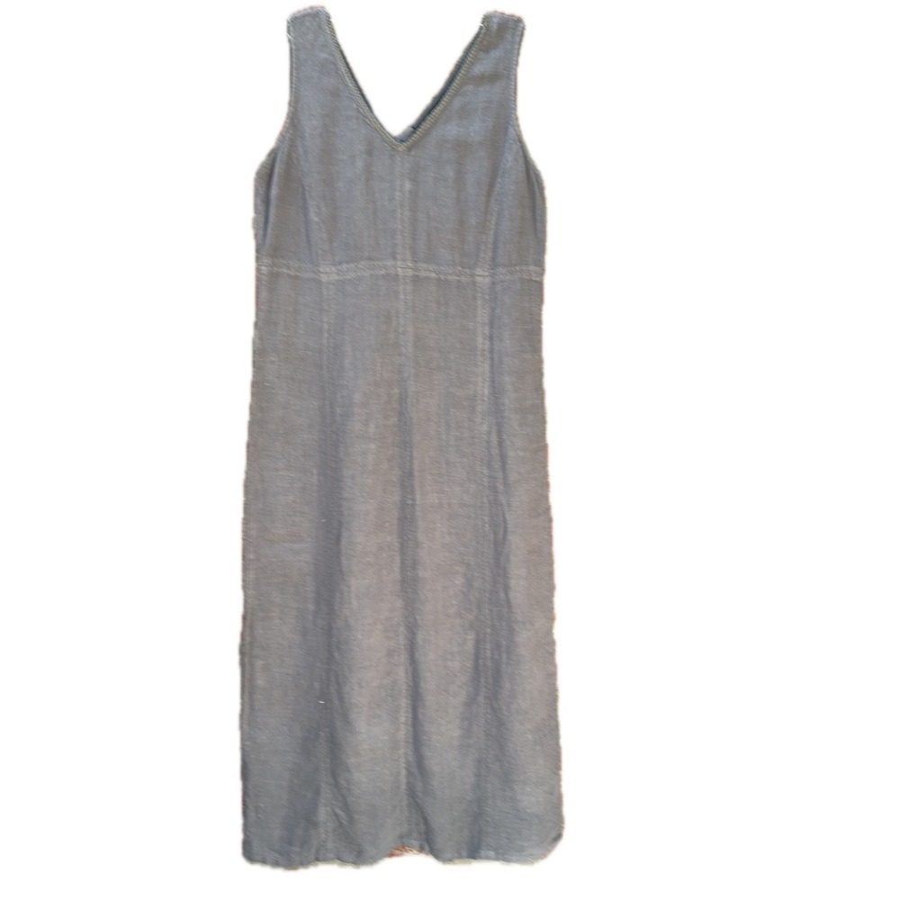 VTG Johnny Was Collection Grey‎ Linen V-Neck Maxi Dress Tank Button Back Large